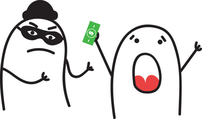 Thumb man. Thief stealing a money from a citizen. Bandit surrendering a man. Charcter emotional. New set of characters in the style of meme flork.