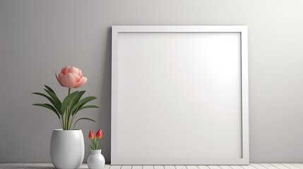 Poster - Empty white interior poster mockup with potted plant, flowers in a room with white walls, generated by AI