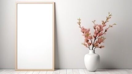 Poster - Empty white interior poster mockup with potted plant, flowers in a room with white walls, generated by AI