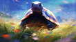 Turtle in the meadow on a background of green grass and flowers