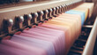 Fabric production, fabric and garment factory, loom weaving close-up. 