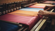 Fabric production, fabric and garment factory, loom weaving close-up. 