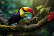 Toucan bird on a branch. Tropical colorful background. 