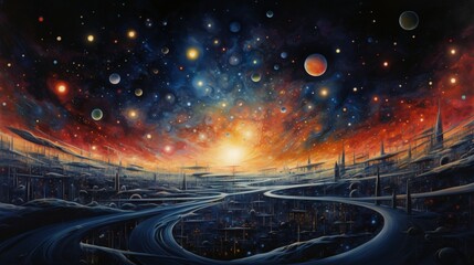 Wall Mural - generate an abstract cosmic landscape featuring radiant constellations and cosmic anomalies.