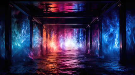 Wall Mural - 3d render of a dark corridor with neon lights and smoke