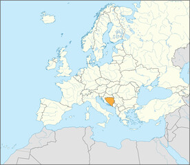  Orange CMYK national map of BOSNIA AND HERZEGOVINA inside detailed beige blank political map of European continent with rivers and lakes on blue background using Mercator projection
