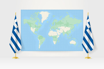 Wall Mural - World Map between two hanging flags of Greece flag stand.