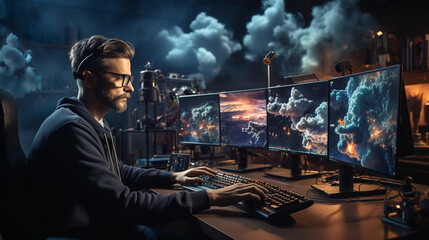Coding in the Cloud: A developer working on code in a cloud computing environment, with virtual servers floating in the digital sky.