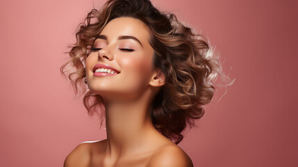 Wall Mural - Portrait of a beautiful young woman with long curly hair on pink background