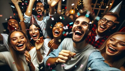 Close-up photo of a diverse group of friends celebrating a New Year's party at home.