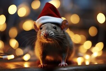 Cute Rat In Santa Hat On Blurred Lights Background, Closeup For Christmas Or World Rat Day