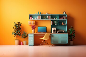 Home office interior with bookshelf and computer. Office cubicle or home office, a cute workspace in bright colors for Labour day or Learning at Work Week International Fun at Work Day 