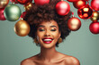 © colnihko - Beautiful woman fashion model with creative Christmas balls hairstyle promoting christmas winter seasonal low prices