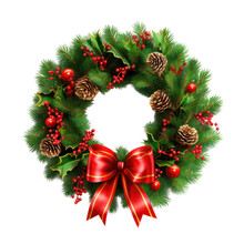Beautiful Traditional Christmas Decorative Wreath Made Of Fir Tree Isolated On Transparent Background. Png Clip Art Design Element.