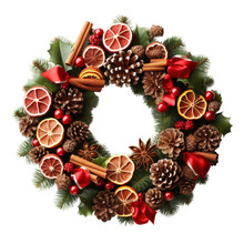Christmas Wreath With Dry Citrus And Fir Cones Decorative Elements Isolated On Transparent Background. Png Festive Decorative Element.