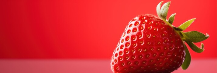 Ripe delicious strawberry on red background, wide horizontal panoramic banner with copy space, or web site header with empty area for text.