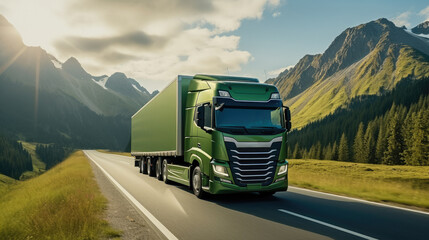 Wall Mural - Green truck driving through lush green scenery with forest and mountains.