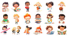 Collection Of Cute School Kids. Education Clipart. Mathe, Drawing, Chemistry, Sports, Reading, Writing, Geography. Isolated Cartoon Characters, School Boys And Girls. AI Generative