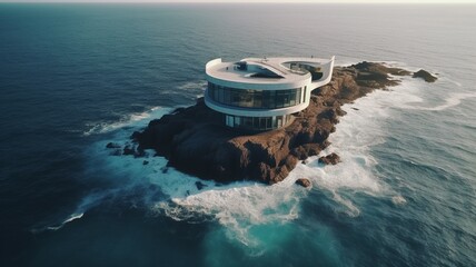 Futuristic modern house by ocean drone photo beautiful image Ai generated art