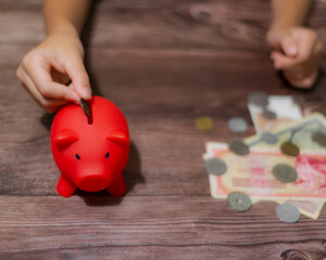 Wall Mural - Hand putting coin to piggy bank, saving money concept