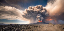 Dramatic Spectacle Of A Volcano In Full Eruption. The Volcano, With A Red Glow At Its Peak Hinting At The Presence Of Lava. A Large Ash Cloud Billows Upwards  Dominating The Sky. 