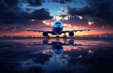 Fototapeta Do pokoju - Samolot lądujący na lotnisku przy zachodzie słońca. 