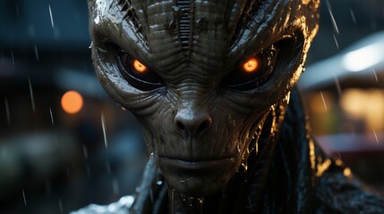 alien close up of face, extraterrestrial life, an inhabitant of another planet in a cafe on earth. c