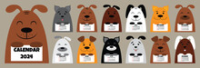 2024 Calendar With Cute Doodle Dogs. 2024 Calendar A4 Week Start Sunday. Doodle Dogs. Vector Illustration