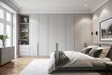Fototapeta Londyn - Contemporary gray-white bedroom with spacious built-in wardrobe. Generative AI
