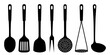 Set of soup ladle and slotted spoon, kitchen Spatula, Potato Masher, Skimmer Spoon, meat fork, large spoon, silhouettes of kitchen utensils, isolated on white background. Vector flat design