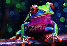Close Up Of A Exotic Frog Sitting On Mossy Log In Tropical Forest. Amphibious Animal. Illustration For Banner, Poster, Cover, Brochure Or Presentation.