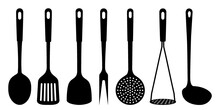 Set Of Soup Ladle And Slotted Spoon, Kitchen Spatula, Potato Masher, Skimmer Spoon, Meat Fork, Large Spoon, Silhouettes Of Kitchen Utensils, Isolated On White Background. Vector Flat Design