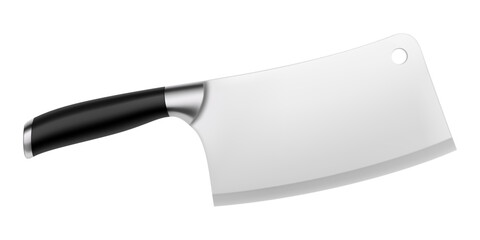 Chinese chef's knife. Meat cleaver knife with a black handle isolated on a white background. Butcher knife, Realistic 3d render, vector illustration. Professional kitchen utensils. Mock up.