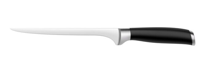 Sharp boning knife with a black handle isolated on a white background. Realistic 3d render, vector illustration. Professional kitchen utensils. Mock up. Top view. Kitchenware.