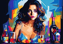Digital Painting In Bright Pop Art Style Featuring A Portrait Of A Cute Girl With A Glass Of Cocktail. Illustration For Cover, Card, Interior Design, Banner, Poster, Brochure, Advertising, Marketing.
