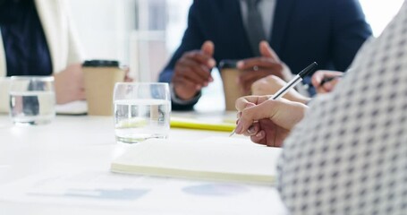 Poster - Hand, writing and a business person in a meeting for planning with her team in the boardroom of an office. Pen, documents and strategy with an employee group in the workplace for collaboration