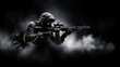 Close-up of skilled army sniper aiming with optical sight. Army elite troops marksman. Sports shooting and hunting concept. Military operation. Illustration for banner, poster, cover or brochure.