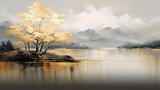 Fototapeta Natura - Oil painting of a mountain landscape with gold details, tree and lake water reflection