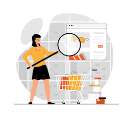 Shopping online. Woman orders and pays for purchases on store website. Discount and customer loyalty program at store website. Illustration with people scene in flat design for website and mobile
