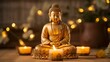 An intricately carved golden Buddha figure, gleaming in soft candlelight.
