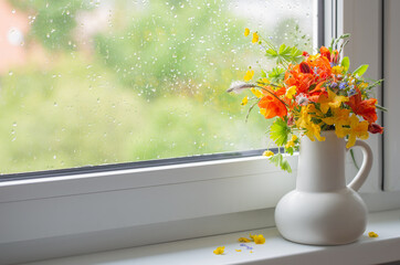 Wall Mural - summer flowers in white jug on windowsill