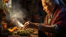 Mexican Healer Preparing Her Herbal Infusions To Heal A Patient, Natural Medicine, Local Culture And Latin American Tradition, Mexican Shaman
