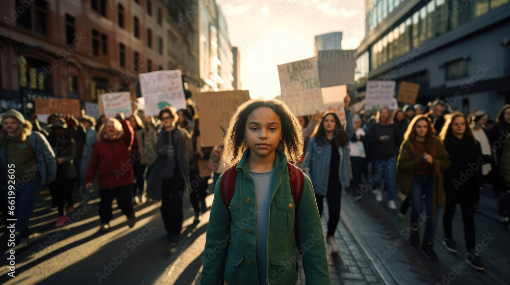 Adolescent boy poses in front of a crowd protesting climate change ...