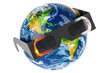 Earth Globe with solar eclipse glasses. 3D rendering isolated on transparent background