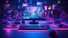 Composite Of Computer, Keyboard With Video Game Accessories And Copy Space On Neon Background