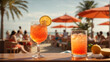 Cocktail on the beach. A visual representation of coastal elegance, with an Aperol Spritz elegantly garnished and served on a beachfront bar, epitomizing summertime.