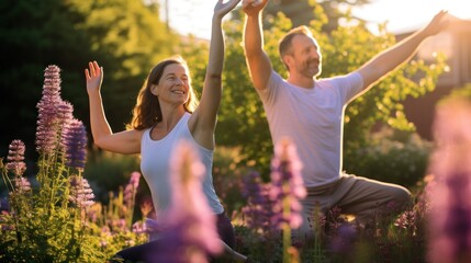 Middle-aged couple practicing yoga in nature