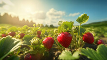 Fresh Strawberry In The Field And Plantation Under The Sun Light. Created Using Generative AI.