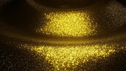 3D wave golden glitter shiny glossy calming texture background. Magic waves with gold shine blur stars particles. 