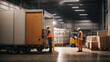 Warehouse interior work process of loading and unloading at the warehouse cold storage loading dock.